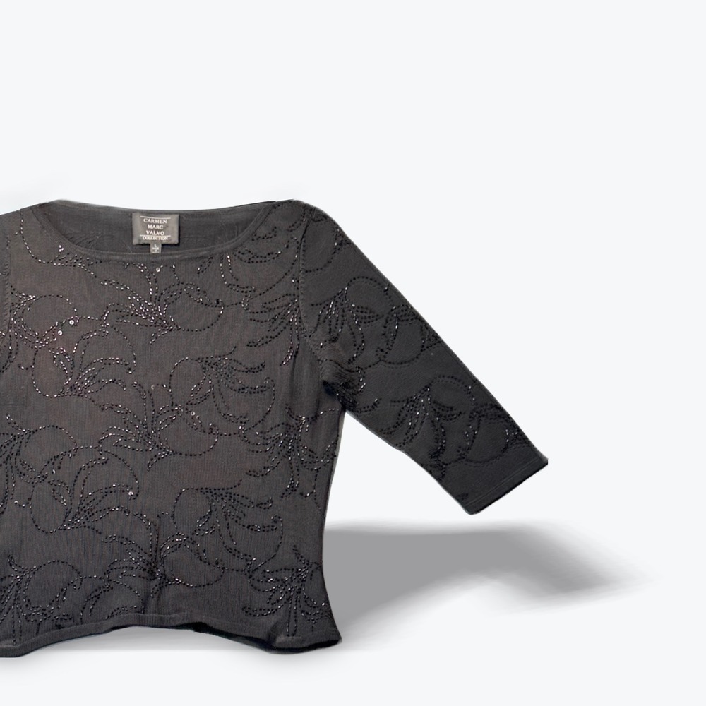 Carmen Marc Valvo Blouse Black Beaded Knit Top Boat Neck Large Glass Beading